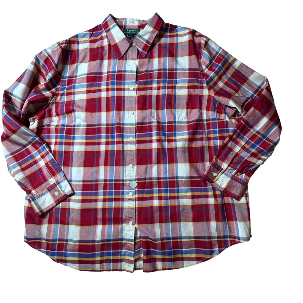 Lauren Ralph Lauren Silk Shirt Womens 2X Red Plaid Button Down Preppy Classic
